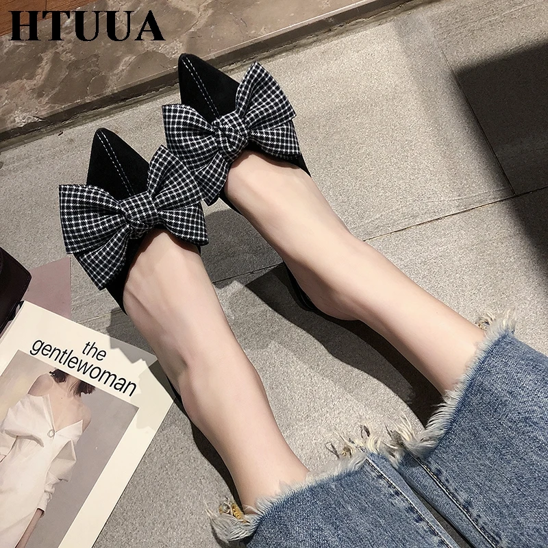 HTUUA/2019 г. модные клетчатые тапочки с бантом женские сабо пикантные слипоны острым