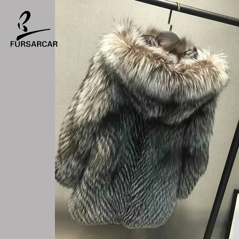Мех Sarcar, с капюшоном, натуральный мех, пальто для женщин, зимняя теплая меховая верхняя одежда, 70 см, длинный рукав, натуральная кожа, мех серебристой лисы, куртка
