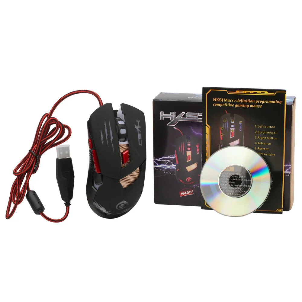 HXSJ H400 LED Backlight Metal Base Wired Gaming Mouse 6 Buttons Programming Competitive Games Mice for Computer | Компьютеры и офис