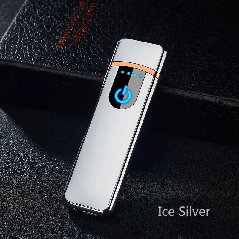 Отпечаток пальца Сенсорная Электронная USB Зажигалка Двусторонняя зажигание электрическая зажигалка для сигарет Вольфрамовая турбо плазменная дуговая зажигалка - Цвет: Ice Silver