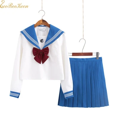 

Girls Sailor Moon Costume School Uniform Anime Cosplay Blue Pleated skirt Sailor suit JK Uniform Collage Cute Students clothes