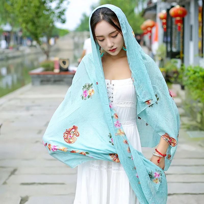 

Sun Protection Shawl Dual-use Female Summer Seaside Scarf Holiday Sunscreen Beach Towel National Style Embroidery Scarves H3166