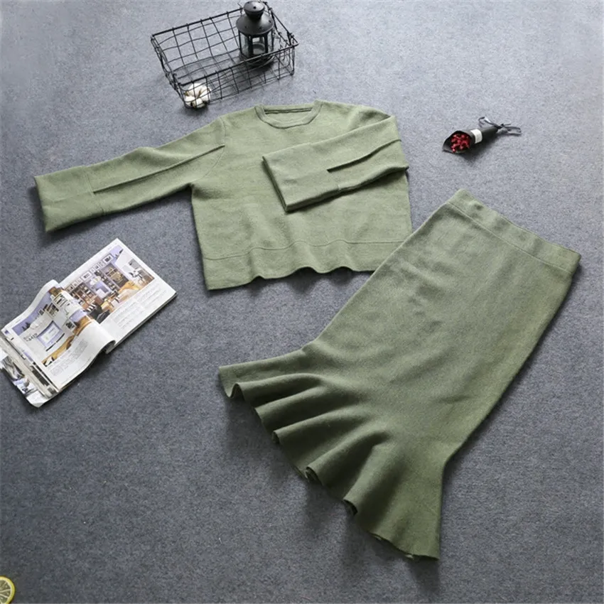 2018 Autumn Two Pieces Women Sweaters + Knitted Fishtail Skirt Long Sleeve knitted Sweater Basic Tops Pullovers Bottomings WZ593 | Женская