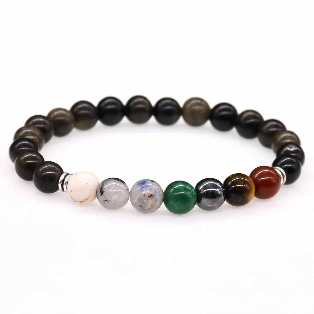 Мужские браслеты разных цветов радуги черный обсидиан 7 Чакр Исцеление баланса