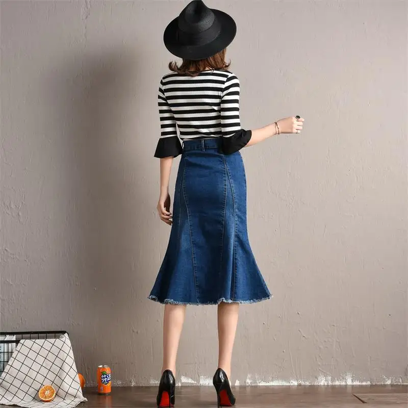 Женская джинсовая юбка пачка до середины икры большого размера 2019|Женские юбки| |