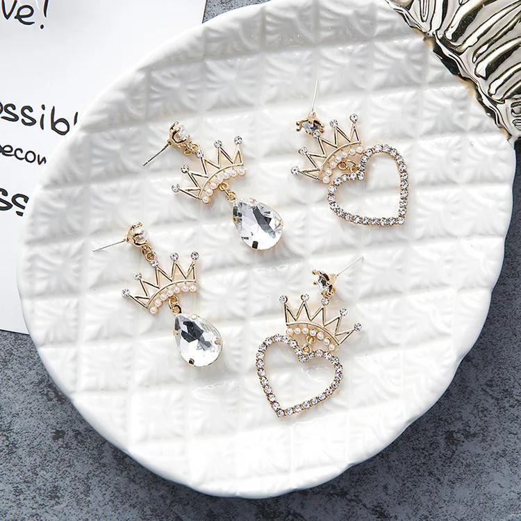 MENGJIQIAO Romantic Crystal Crown Love Heart Dangle Earrings Women Fashion Accessories Rhinestone Pendientes Lovely Gift | Украшения и