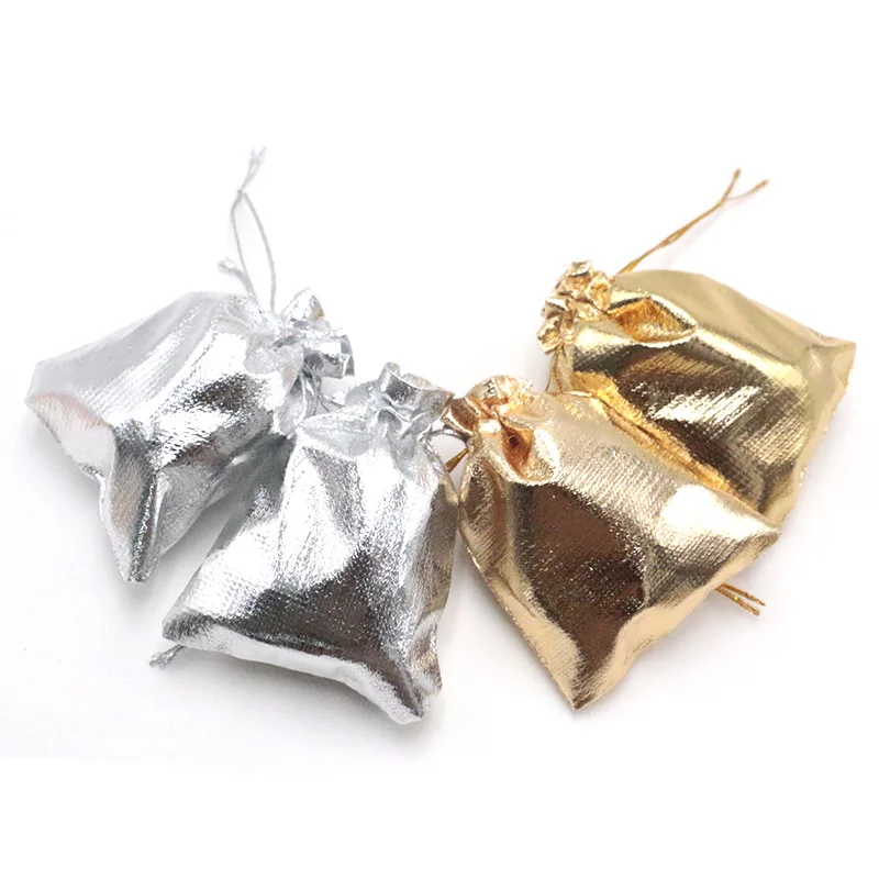 

Оптовая продажа 100 шт./лот 7x9 см большие сумки на шнурке золотистые/Серебристые однотонные атласные тканевые сумки для упаковки ювелирных из...