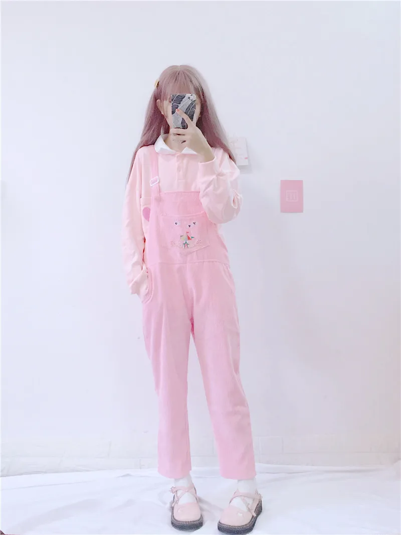 Костюм из двух предметов вельветовый комбинезон женский kawaii мультфильм розовый