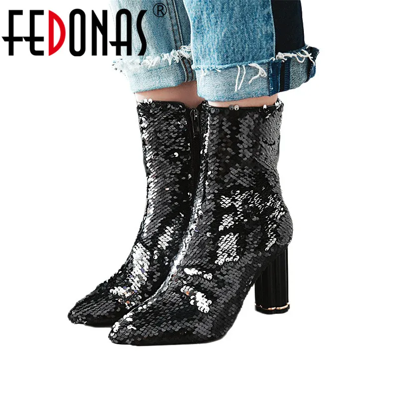 FEDONAS/модные женские ботильоны блестящая обувь для свадебной вечеринки