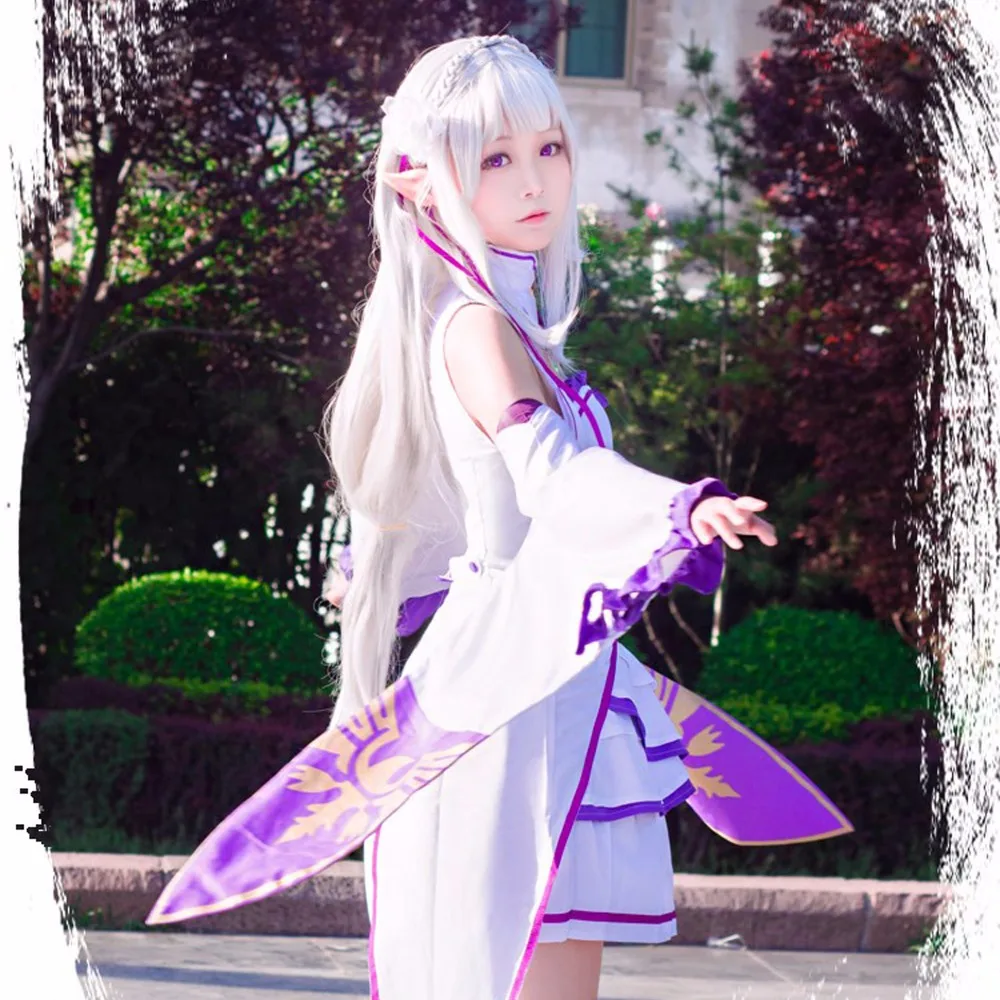 Re Zero Hajimeru Isekai Seikatsu Emilia костюм для косплея(платье* 1 шт., чулок* 2 шт., головной убор* 1 шт