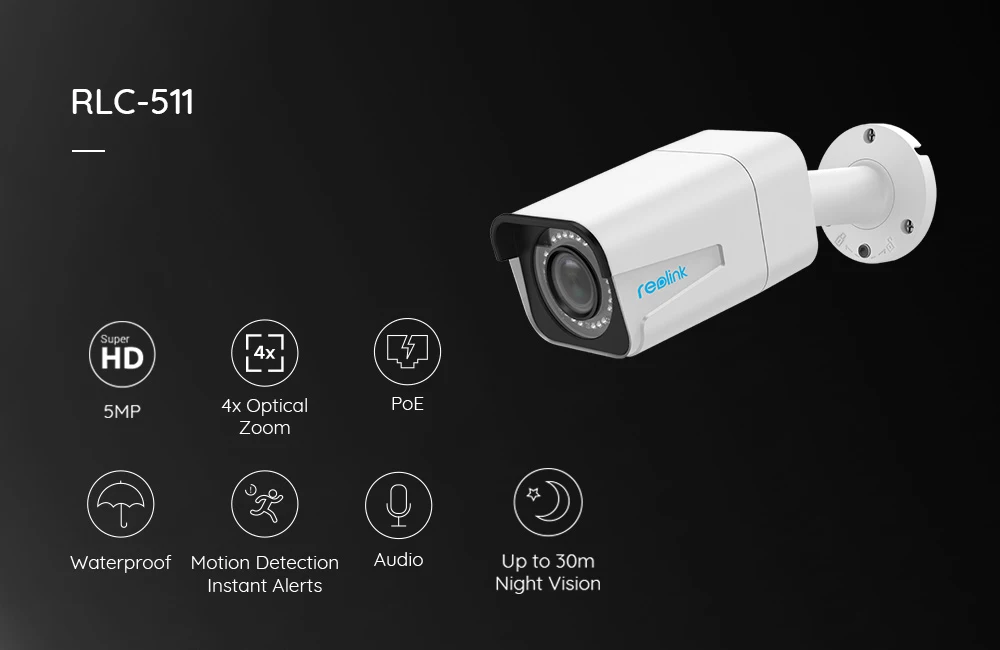 Reolink RLC-511 PoE IP камера для улицы 5MP 4x оптический зум IP66 Водонепроницаемая инфракрасная камера безопасности SD слот для карты