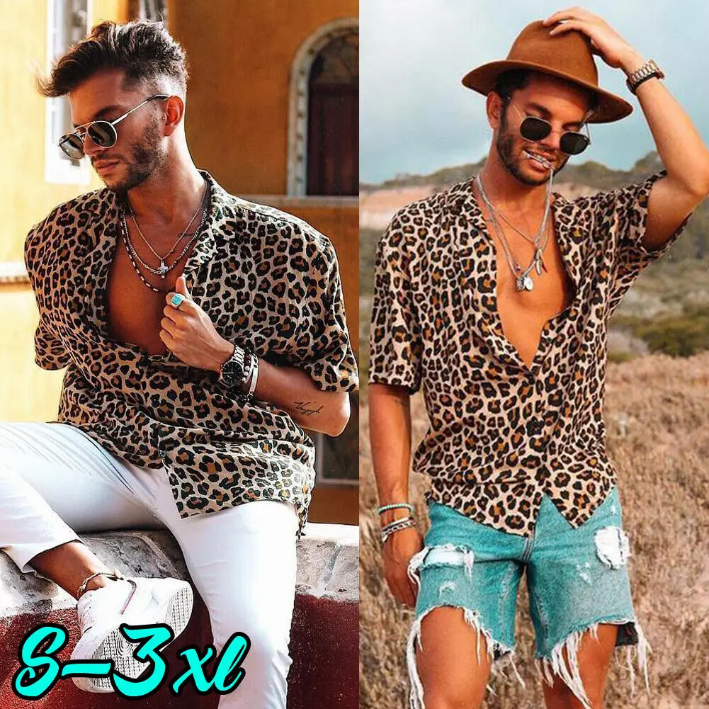 

2019 New Hot Men's Short Sleeve Leopard Print Shirt Loose Summer Casual V-Neck Shirts Blouses Tops Plus Size S-3XL