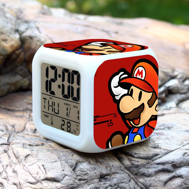 Super mario bros Детский будильник светодиодный часы мультяшный ночной Светильник вспышка 7 цветов меняющиеся цифровые часы электронные настольные часы