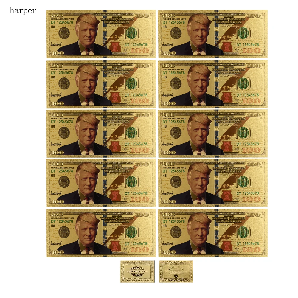 10Pcs/Lot Colorful USA Trump Banknotes 100 Dollar Bills Banknote in 24K Gold Plated Paper Money For Gifts