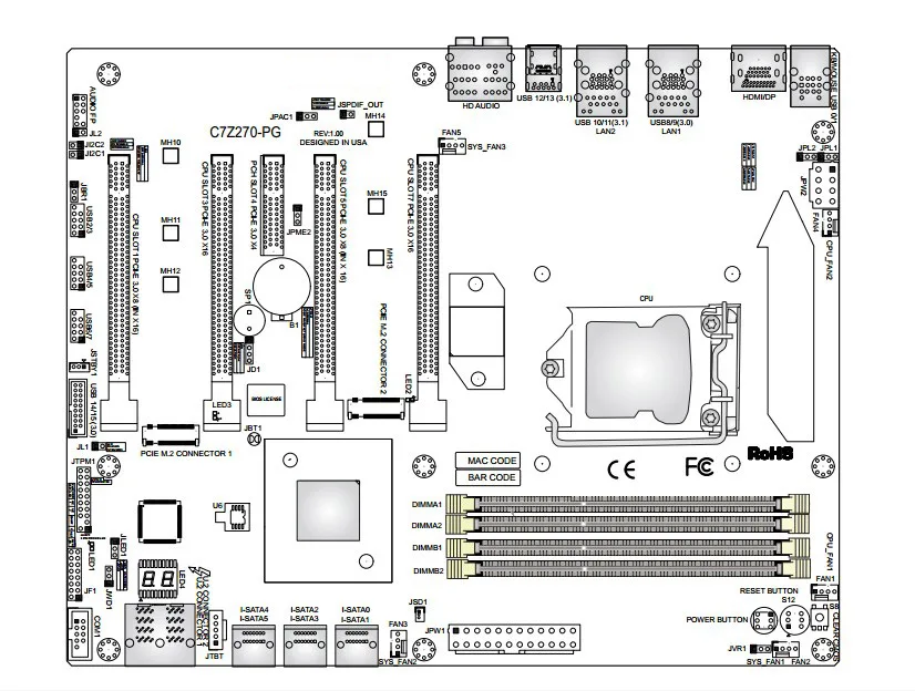 

OEM C7Z270-PG Workstation Motherboard Z270 DDR4 Dual Gigabit i7 / i5 / i3 DP Interface M.2