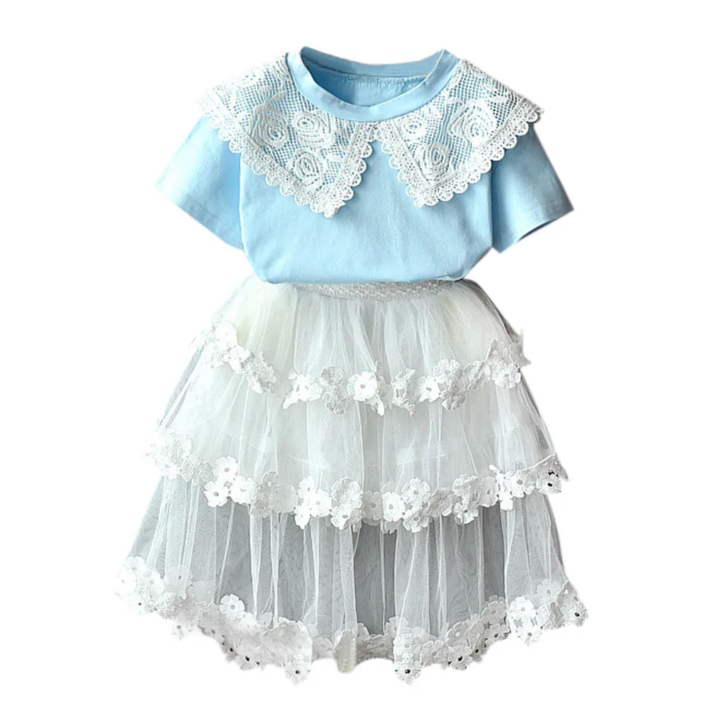 Новинка 2019 года комплект одежды для маленьких девочек летняя Кружевная футболка