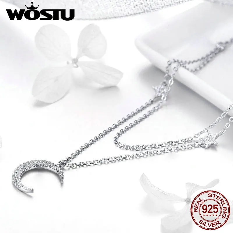 WOSTU Luxury 925 Sterling Silver Moon &amp Stars Pendant Necklaces Adjustable Double Long Chain For Women Fashion Jewelry FNN038 | Украшения