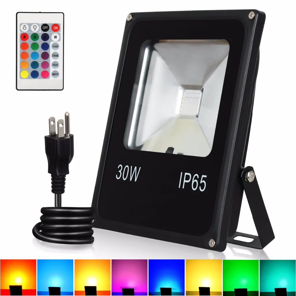 

T-SUNRISE RGB LED Flood Light 30W Remote Control RGB Color Changing IP65 Waterproof Landscape Light with Plug for Garden Square