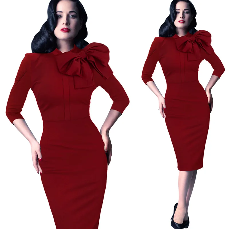 Dark Red Vfemage женские элегантные 1950s винтажные пинап ретро рокабилли с рукавом 3/4 и бантом вечерние облегающие платья-карандаш 1069 - Цвет: Dark Red