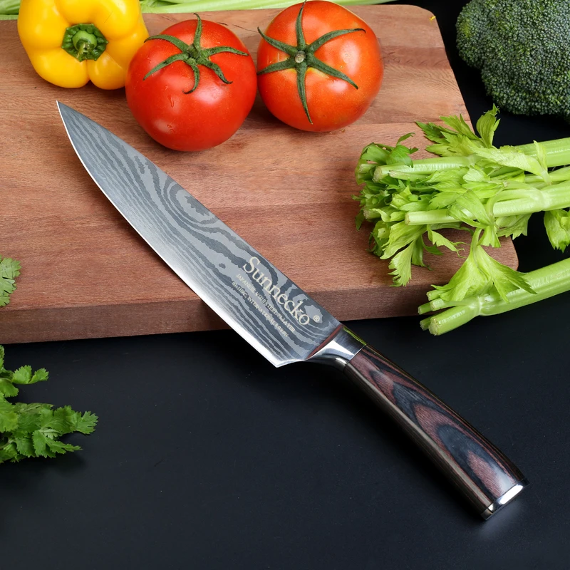 SUNNCKO 8 дюймов кухонный нож повара кухонные ножи шлифовальный нож из нержавеющей стали лазерный узор Pakka Деревянная Ручка поварской подарок нож