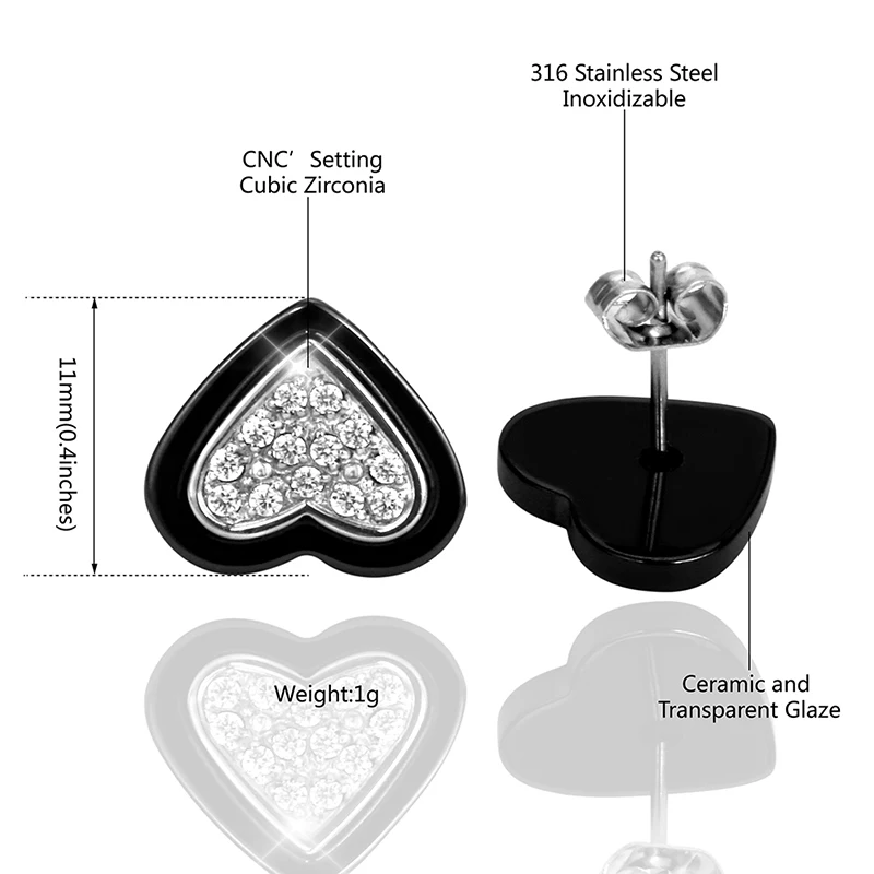 2017 New Black White Ceramic Imitation Bright Crystal Rhinestone Elegant Peach Heart Stud Earrings Steel Fashion Jewelry Women | Украшения