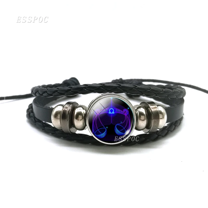 Libra 12 Созвездие Близнецы раковые Leo Virgo Libra Scorpio Черный Кожаный Браслет Зодиак стеклянный браслет из кабошона для мужчин и женщин - Окраска металла: Libra