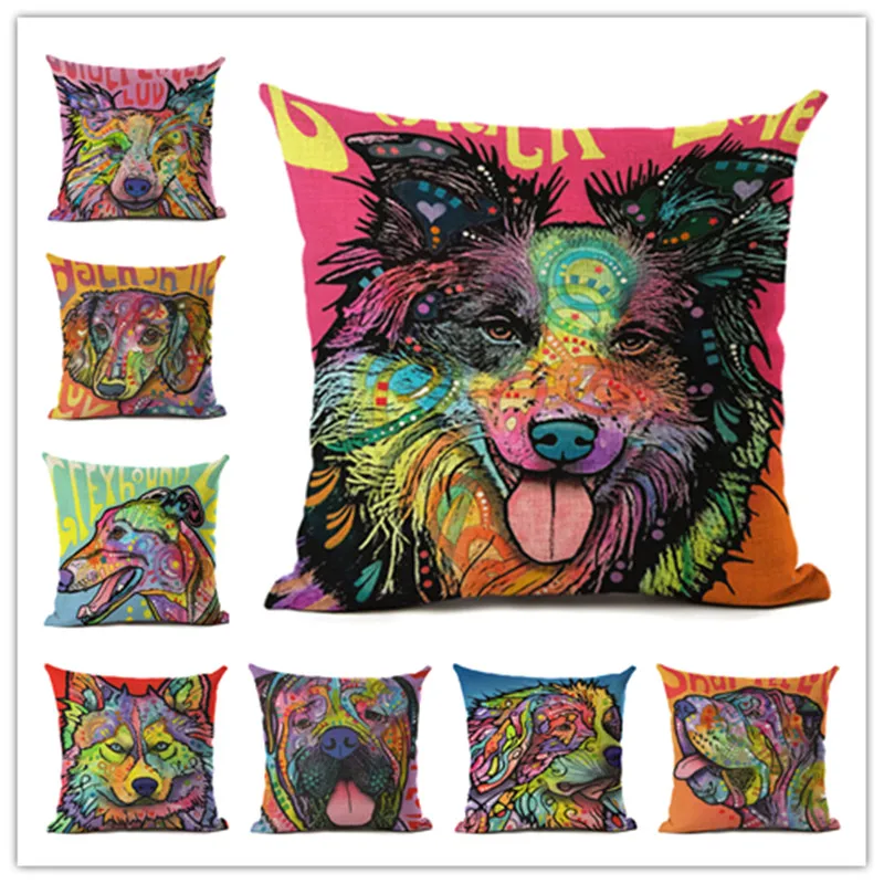 Мультяшный стиль Цветная собака 3 с принтом льняной Хлопковый чехол для подушки