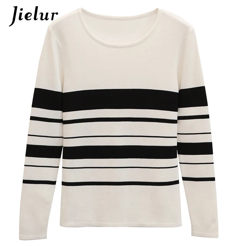 Jielur Korean Sweater Women Long Sleeve Slim White and Black Stripe Pullover Casual Spring Fashion Simple Basic Knitted Sweaters | Женская