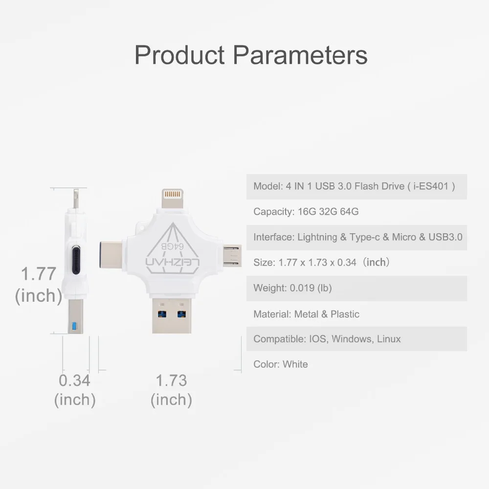 Многофункциональный флэш накопитель LEIZHAN 4 в 1 с подсветкой/Type C/ Micro USB / 3 0 для