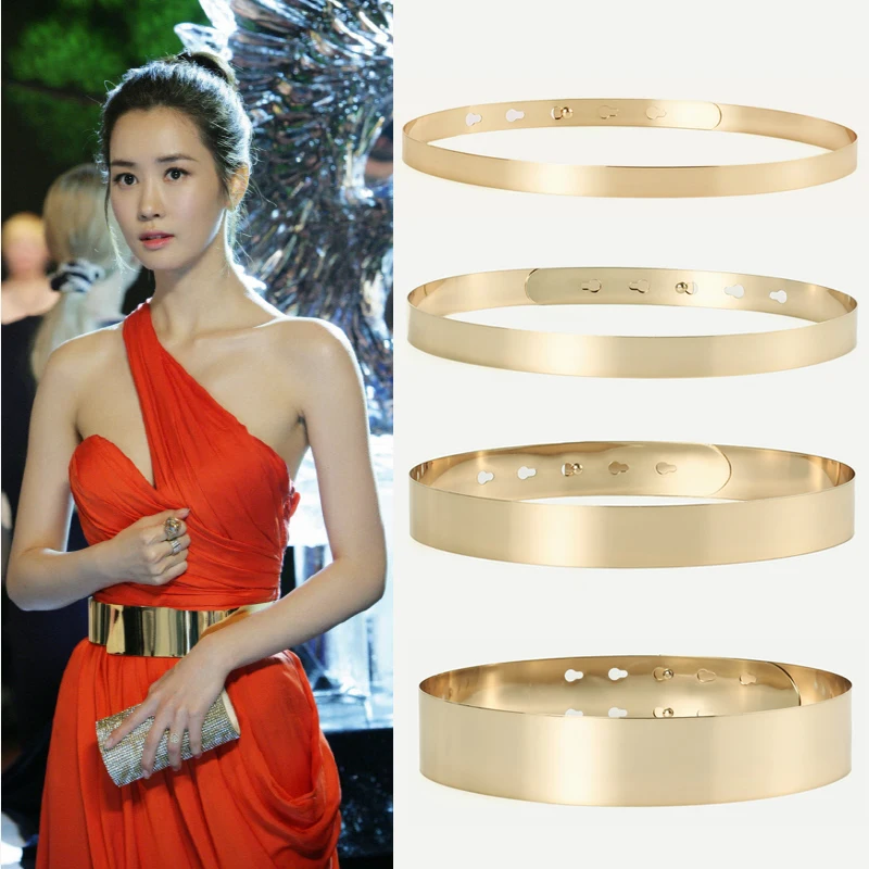 Womens Full Metal Mirror Gold Silver Plate Waist Belt Fashion Lady Female Skinny Belt Adjustable Waist Strap Belt for Dress
