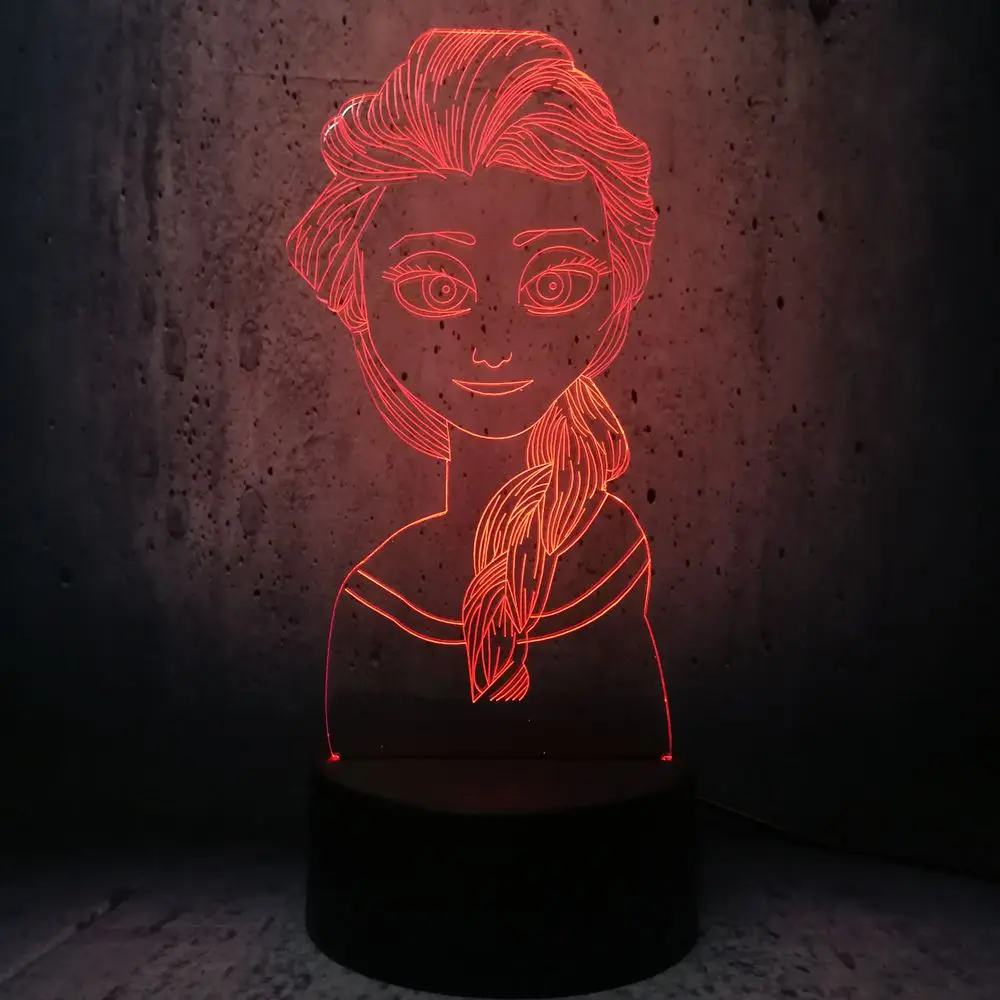 Фигурка 3D USB СВЕТОДИОДНЫЙ светильник Принцесса Эльза-Снежная королева многоцветная смена настроения визуальный RGB настольный ночник подарок длинные волосы красота девушка