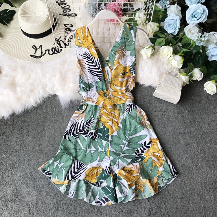 Пляжный Boho короткий женский летний комбинезон с открытой спиной и v-образным вырезом без рукавов комбинезон корейский цветочный принт плюс размер женский комбинезон