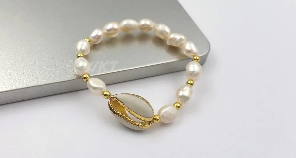 WT-B458 Cowrie& Pearl Браслет Ручной Работы Золотая или Золотая отделка подвеска с Каури с жемчугом Шарм женские ювелирные изделия с бриллиантами