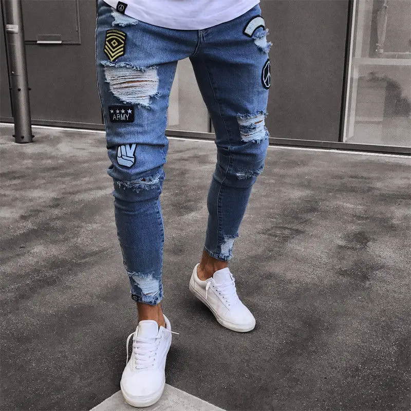 

2 Style Men Ripped Skinny Biker Jeans Destroyed Frayed Print Embroidery Slim Fit Denim Pant Jean