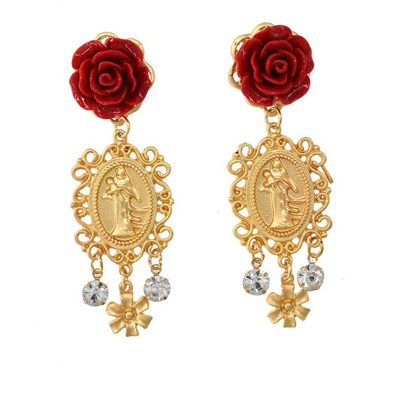 

Rose Red Flower Drop Earrings Rhinestone Dangle Earrings Women Queen Earrings Statement Resin Jewelry
