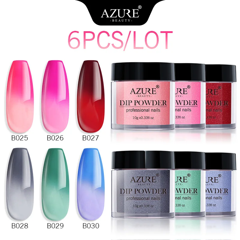 Azure beauty 6 шт./лот термо меняющий цвет погружающийся порошок изменение температуры цвет Dip блестящая основа Топ для дизайна ногтей натуральный сухой