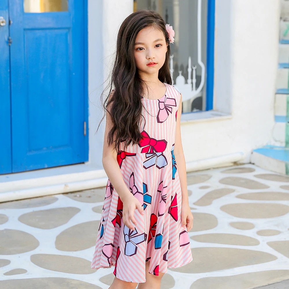 baby girl summer dress 2018 with bow pink blue print teenage children dresses girls 6 sleeveless kids party for | Детская одежда и