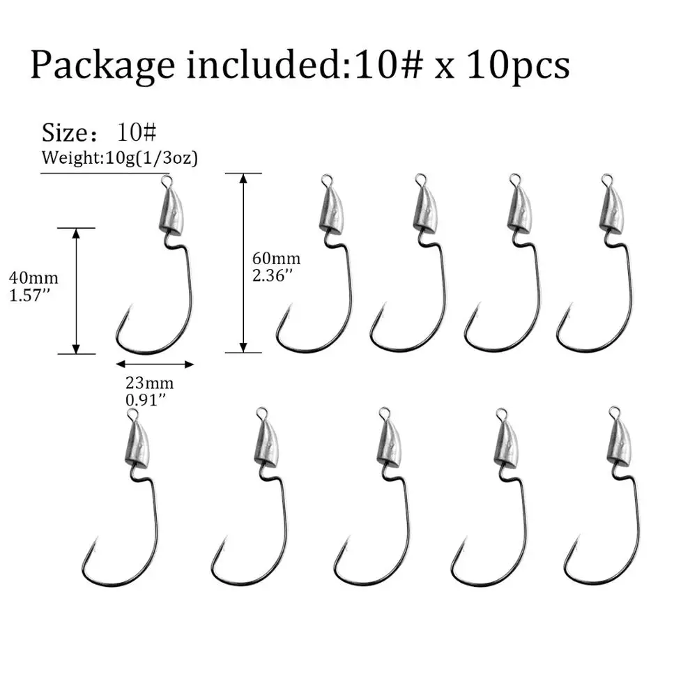 10pcs 10g hook 10 шт./лот, рыболовные крючки с свинцовой головкой, 5 г, 7 г, 10 г, крючки с цилиндрической головкой, серебристые, бесщеточные, офсетные, Червячные крючки, Техасские установки, аксессуары - Цвет: 10pcs 10g hook
