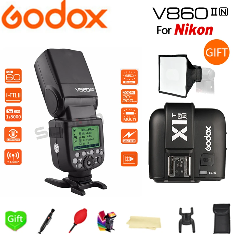 Paypal Accpect Godox V860II-N Flash V860II GN60 i-TTL HSS 1/8000s Speedlite Li-Ion Battery + X1T-N для Nikon подарок |
