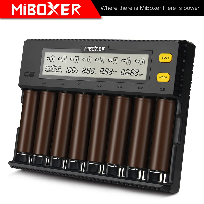 

Miboxer c8 Intelligent Charger 8 Slots Total 4A Output Smart Charger for IMR18650 16340 10440 AA AAA 14500 26650 and USB Device