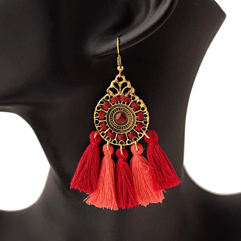 Винтажные красные висячие серьги с кисточками для женщин в богемном стиле Бохо