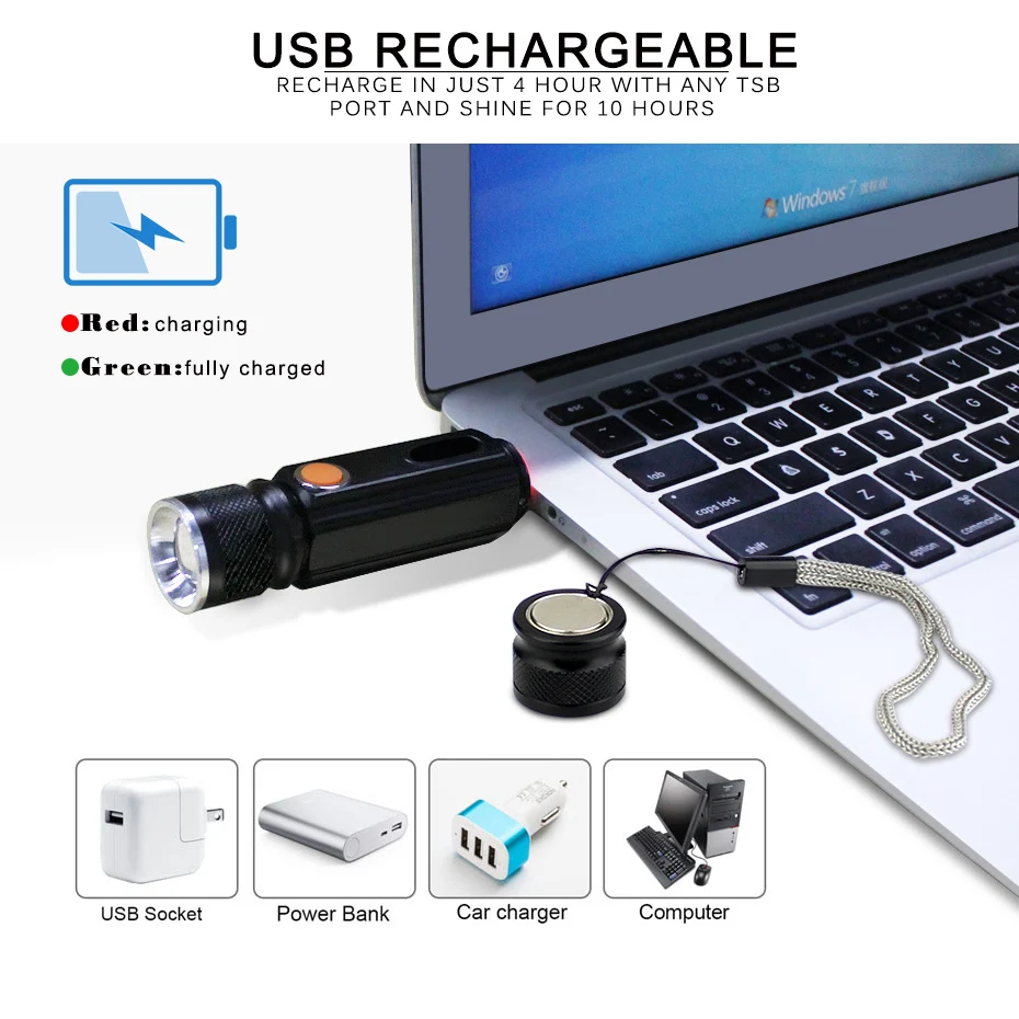 Супер мощный светодиодный светильник-вспышка с хвостом usb зарядка T6 COB