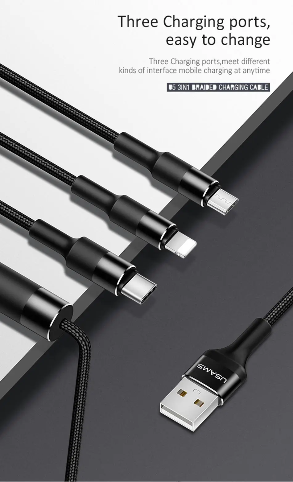 USAMS 3 в 1 USB кабель type C кабель для samsung s9 plus Micro usb кабель для зарядки для iPhone X 8 7 6s Plus 5 5S SE 5c C кабель