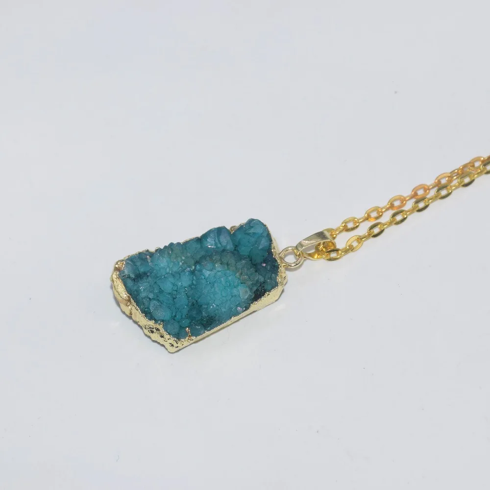 Geode Druzy Crystal Quartz Pendant Necklace Blue Irregular Energy Custom Adjustable stone gold chain women long necklace 2019 | Украшения и