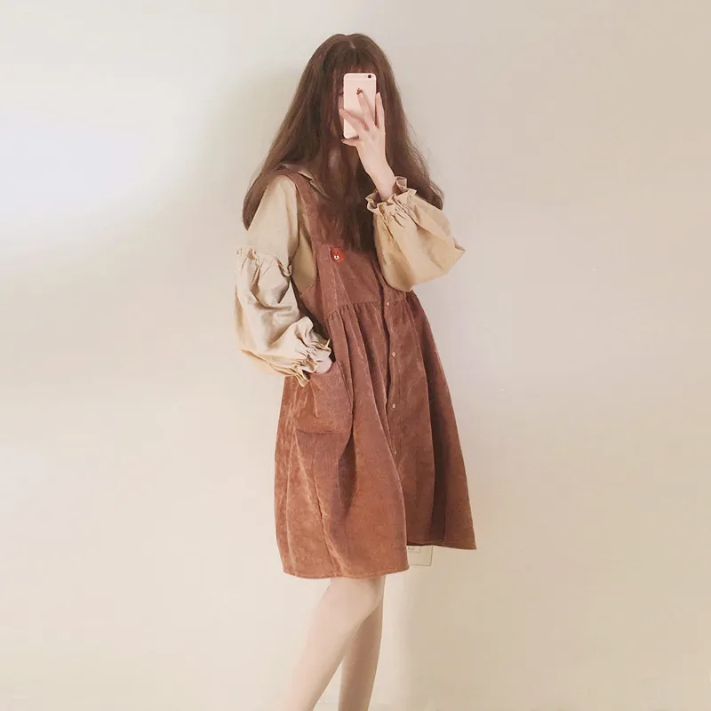 Женские пляжные Повседневные платья в винтажном стиле Kawaii Ulzzang вельветовое