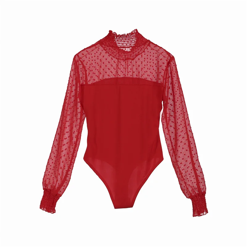 Женское шифоновое боди с длинным рукавом сетчатый комбинезон в горошек