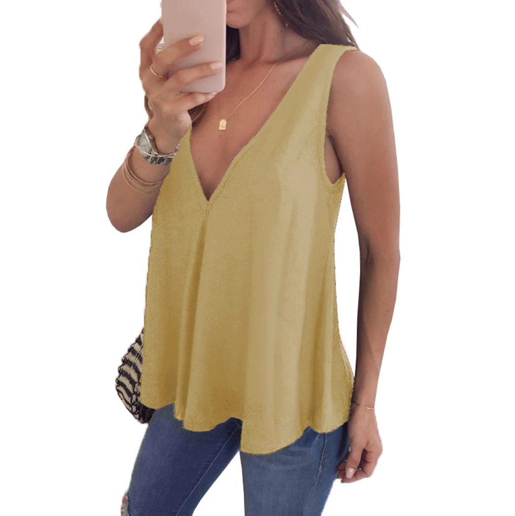 Женские летние однотонные свободные майки Blusas сексуальные топы с глубоким v-образным вырезом Женские повседневные рубашки без рукавов с оборками размера плюс Vetement