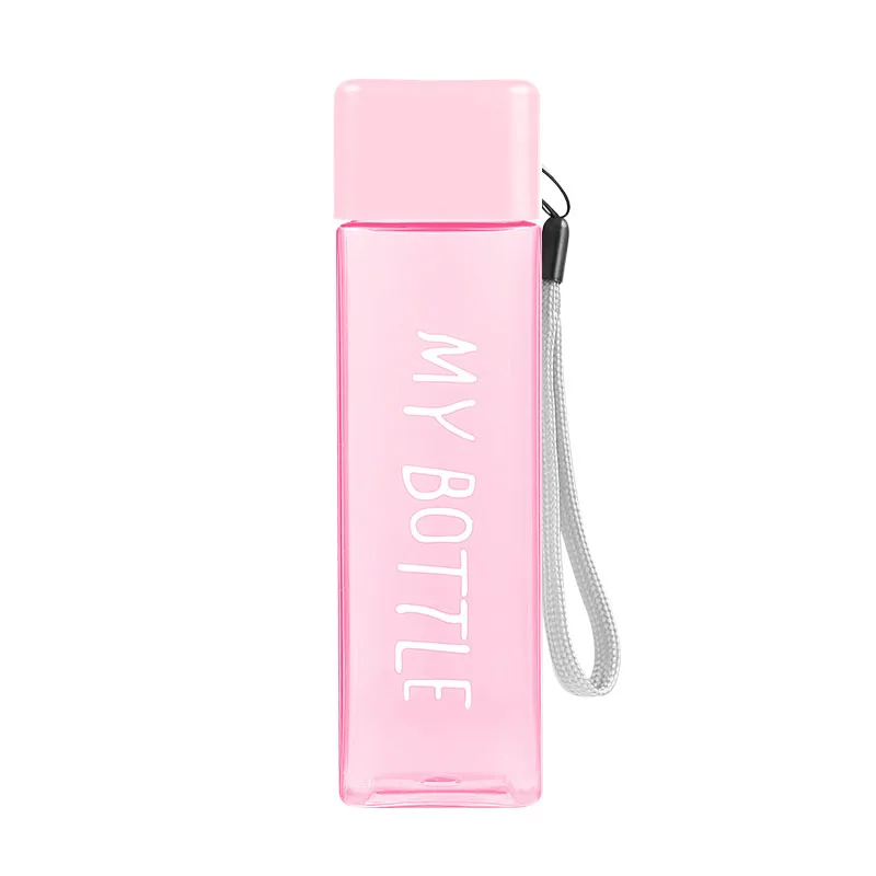 Transparent Pink Новинка, My bottle, квадратные пластиковые бутылки для воды, для питья, 500 мл, бутылка для воды с веревкой, прозрачная или матовая, Спортивная, корейский стиль - Цвет: Transparent Pink