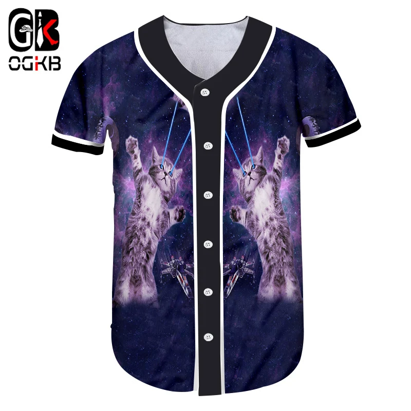 OGKB новинка летние топы футболка на пуговицах Забавный принт галактического