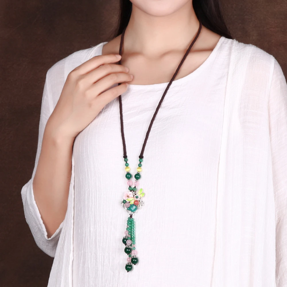 

Ethnic Tassel Handmade Green StonePink Stone Shell Flower Cloisonne Dragonfly Round J ade Rope Chain Female Accessories CL-17026